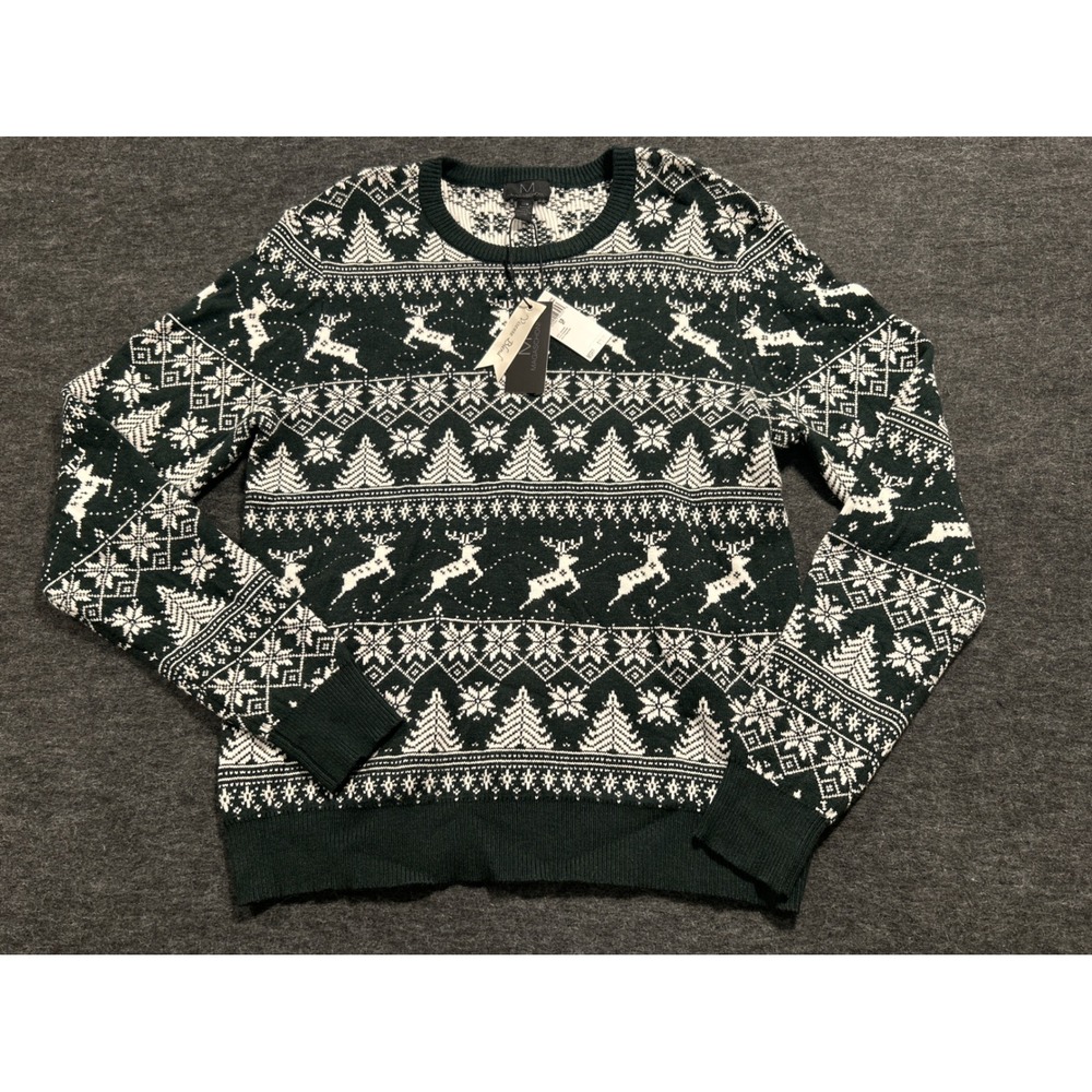 Magaschoni Sweater Mens Small Green Fair Isle Reindeer Holiday Crewneck